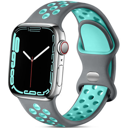 Picture of Lerobo Sport Bands Compatible with Apple Watch Band 40mm 38mm 41mm iWatch Bands Series 8 7 6 5 4 3 2 1 SE for Women Men,Soft Durable Silicone Sport Breathable with Air Hole Replacement,Gray/Teal S/M