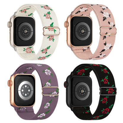 Picture of Stretchy Nylon Solo Loop Bands Compatible with Apple Watch 38mm 40mm 41mm 42mm 44mm 45mm 49mm, Adjustable Braided Sport Elastic Wristbands Women Men Straps for iWatch Series 8/7/6/5/4/3/2/1/SE/Ultra, 4 Packs