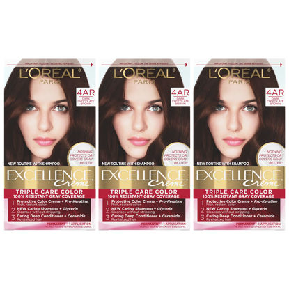 Picture of L'Oreal Paris Excellence Creme Permanent Hair Color, 4AR Dark Chocolate Brown, 100 percent Gray Coverage Hair Dye, Pack of 3