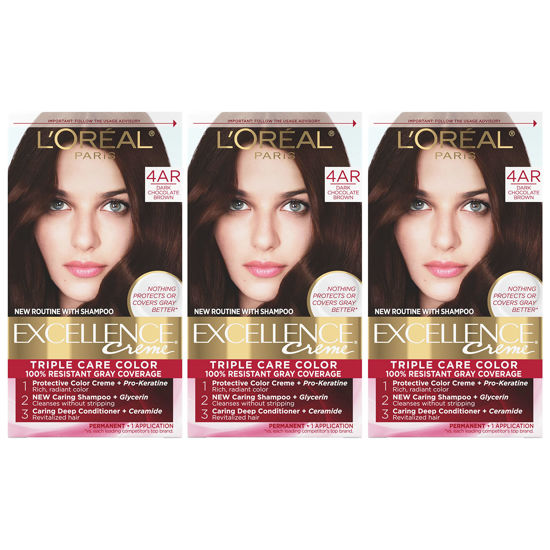 Picture of L'Oreal Paris Excellence Creme Permanent Hair Color, 4AR Dark Chocolate Brown, 100 percent Gray Coverage Hair Dye, Pack of 3