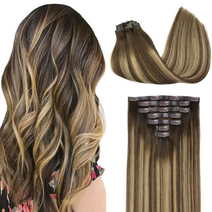 Picture of GOO GOO Seamless Clip In Hair Extensions Remy Real Human Hair Extension with Invisible PU Skin Weft 16inch Chocolate Brown mixed Caramel Blonde Natural & Thick & Straight Hair Extensions for Women