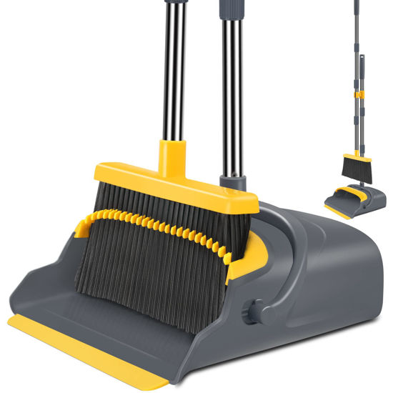 Picture of kelamayi Broom and Dustpan Set for Home, Broom and Dustpan Combo for Office, Stand Up Broom and Dustpan (Gray&Yellow)