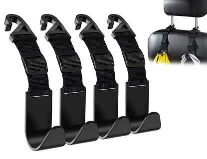 Picture of Flymic Adjustable Car Seat Headrest Hook, Universal Car Storage Headrest Hanger Holder Hooks Organizer, Vehicle Strong and Durable Backseat Hanger Interior Accessories for Handbag Purse Coat 4 Pack