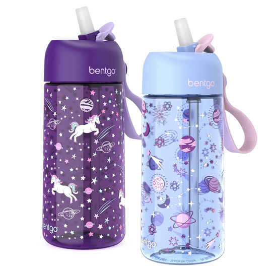 Picture of Bentgo® Kids Water Bottle 2-Pack - New, Improved 2023 Leak-Proof BPA-Free 15 oz Cups for Toddlers & Children - Flip-Up Safe-Sip Straw for School, Sports, Daycare, Camp (Unicorn/Lavender Galaxy)