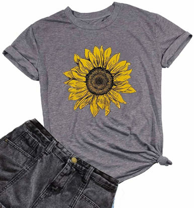 Picture of GLIGLITTR Women's Summer Sunflower T Shirt Cute Flower Graphic Loose Tees Crew Neck Short Sleeve Casual Tops(Grey-A,XX-Large)