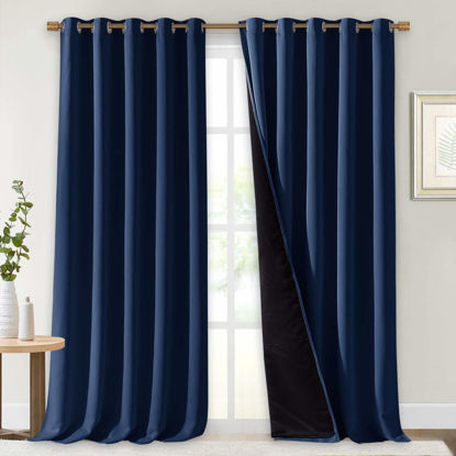 Picture of NICETOWN 100% Blackout Curtains 108 inches Long, Noise Reduction Window Treatment Curtains, Thermal Insulated Energy Smart Drapes and Draperies for Apartment Decor, Navy Blue, Set of 2, 70 inches W