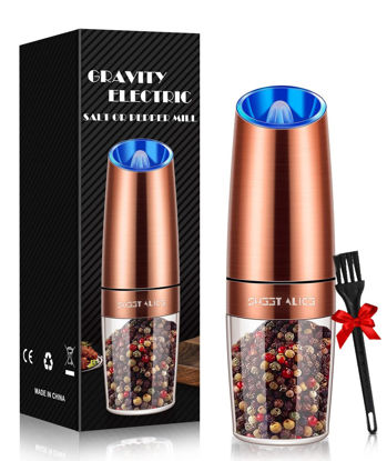 Picture of Gravity Electric Pepper Grinder, Salt or Pepper Mill, Adjustable Coarseness, Battery Powered with LED Light, One Hand Automatic Operation, Stainless Steel (Copper)