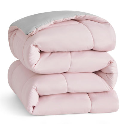 Picture of Bedsure King Reversible Comforter Duvet Insert - All Season Quilted Comforters King Size, Down Alternative King Size Bedding Comforter with Corner Tabs - Pink/Grey