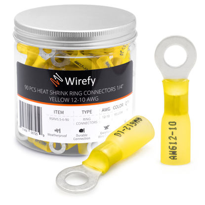 Picture of Wirefy 90 PCS Heat Shrink Ring Terminals 1/4" - Marine Grade Ring Connectors - Eyelet Wire Connectors - Yellow 10-12 AWG