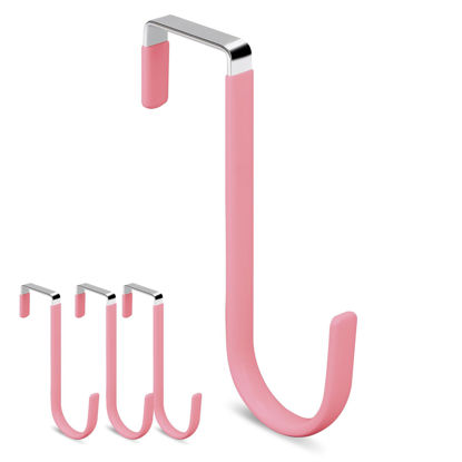 Picture of DAJIANG Over The Door Hooks, Soft Rubber Prevent Scratches Door Hangers Hooks for Bathroom, Living Room, Bedroom, and Kitchen Hanging Clothes, Towels, Shoe Bag, Hats, Coats, Bags, etc (Pink, 4 Pack)