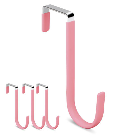 Picture of DAJIANG Over The Door Hooks, Soft Rubber Prevent Scratches Door Hangers Hooks for Bathroom, Living Room, Bedroom, and Kitchen Hanging Clothes, Towels, Shoe Bag, Hats, Coats, Bags, etc (Pink, 4 Pack)