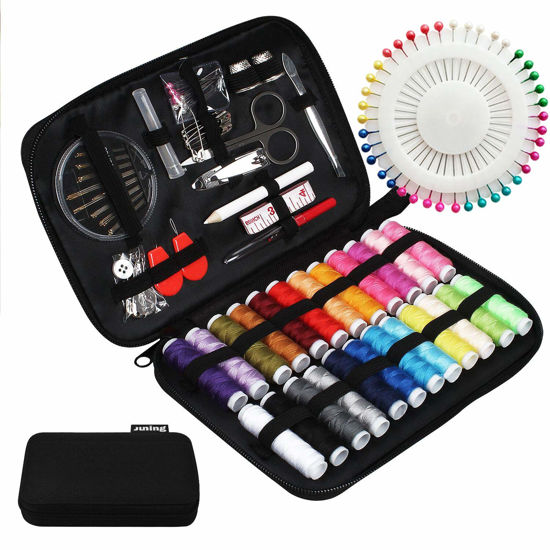 Picture of JUNING Sewing Kit with Case, 130 pcs Sewing Supplies for Home Travel and Emergency, Kids Machine, Contains 24 Spools of Thread of 100m, Mending and Sewing Needles, Scissors, Thimble, Tape Measure etc