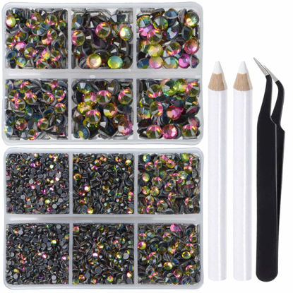 Picture of LPBeads 6400 Pieces Hotfix Rhinestones Vitrail Medium Flat Back 5 Mixed Sizes Crystal Round Glass Gems with Tweezers and Picking Rhinestones Pen