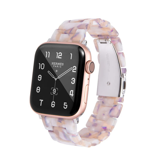 Picture of HOPO Compatible With Apple Watch Band 38mm 40mm 42mm 44mm Thin Light Resin Strap Bracelet With Stainless Steel Buckle Replacement For iWatch Series 8 7 6 5 4 3 2 1 SE (Pink White/Silver,42/44/45/49mm)