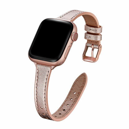 Picture of STIROLL Slim Leather Bands Compatible with Apple Watch Band 42mm 44mm 45mm 49mm,Top Grain Leather Watch Thin Wristband for iWatch Ultra SE Series 8/7/6/5/4/3/2/1(Rose Gold with Rose Gold)