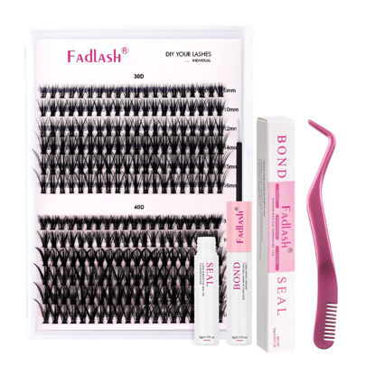 Picture of FADLASH DIY Eyelash Extension Kit, 240Pcs Lash Clusters with Lash Bond and Seal, Clusters Eyelash Applicator Tool, D Curl Thin Band DIY Lash Extension Kit Easy to Apply (30D+40D Kit)