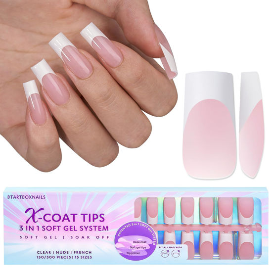 Picture of BTArtboxnails French Tips Gel Nail Tips, 150Pcs French Tip Press on Nails Pink Long Square 3 in 1 X-coat Tips, Pre-applied Tip Primer & Base Coat Cover, 15 Sizes Pre-french No Need to File Soft Gel Fake Nails for Nail Extension Easy DIY