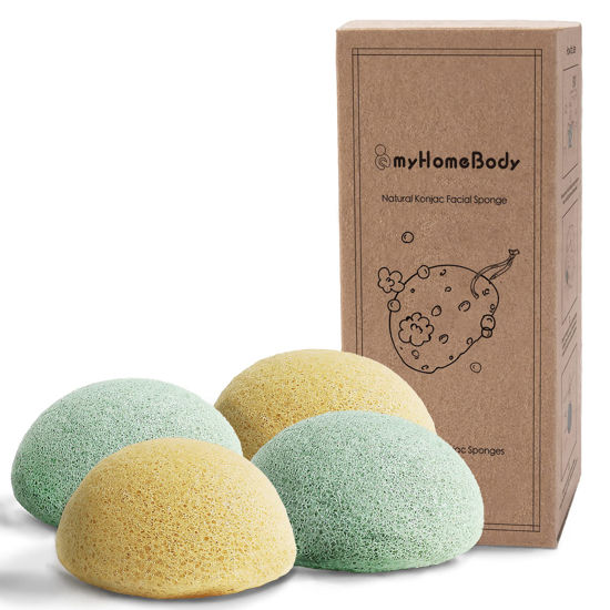 Picture of myHomeBody Natural Konjac Facial Sponges - for Gentle Face Cleansing and Exfoliation (2 Turmeric Yellow, 2 Aloe Green)