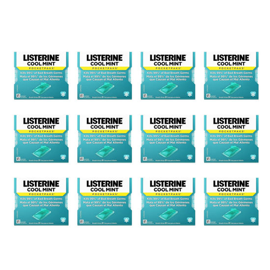 Picture of Listerine Cool Mint PocketPaks Portable Breath Strips for Bad Breath, Fresh Breath Strips Dissolve Instantly to Kill 99% of Bad Breath Germs* On-The-Go, Cool Mint, 24-Strip Pack (12 Units)