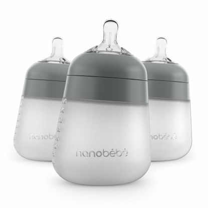 Picture of Nanobébé Flexy Silicone Baby Bottle, Anti-Colic, Natural Feel, Non-Collapsing Nipple, Non-Tip Stable Base, Easy to Clean, 3-Pack, Gray, 9oz