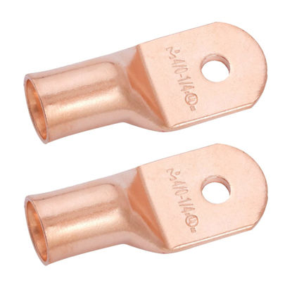 Picture of SELTERM 2pcs 4/0 AWG 1/4" Stud Copper Wire Lugs, Battery Lugs, Ring Terminals, Battery Cable Ends, 0000 Gauge Ring Terminal Connectors, UL Heavy Duty Bare Copper Eyelets Battery Terminal Connectors