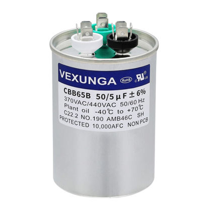 Picture of VEXUNGA 50/5 uF 50+5 MFD 370VAC or 440VAC Dual Run Start Round A/C Capacitor CBB65 CBB65B Air Conditioner Capacitors for AC Unit Fan Motor Start or Heat Pump or Condenser Straight Cool