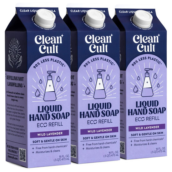 Picture of Cleancult Liquid Hand Soap Refills (16oz, 3 Pack) - Hand Soap that Nourishes & Moisturizes - Liquid Soap Free of Harsh Chemicals - Paper Based Eco Refill, Uses 90% Less Plastic - Wild Lavender