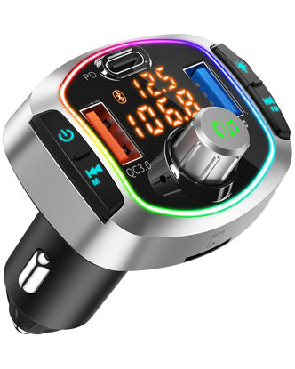 Picture of Bluetooth FM Transmitter for Car, Car Bluetooth Adapter Radio Transmitter, 2 USB Ports (QC3.0 18W, Pen Drive), Type-C PD 18W, TF Card, Hands Free Calls Siri Google Assistant Car Mp3 Player