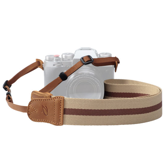 Picture of Beige Striped Camera Strap - Double Layer top-grain Cowhide Ends,1.5"Wide Pure Cotton Woven Camera Strap,Adjustable Universal Neck & Shoulder Strap for All DSLR Cameras,Great Gift for Photographers