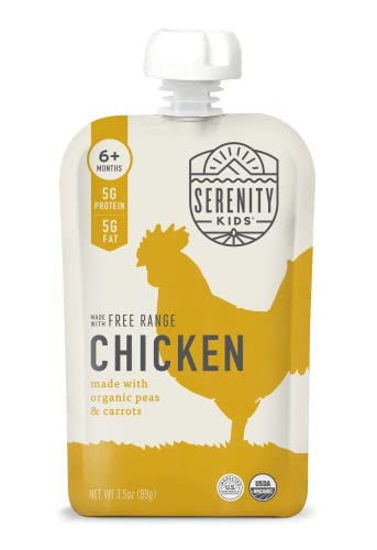 Picture of Serenity Kids 6+ Months Baby Food Pouches Puree Made With Ethically Sourced Meats & Organic Veggies | 3.5 Ounce BPA-Free Pouch | Free Range Chicken, Pea, Carrot | 6 Count