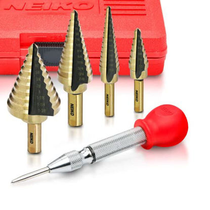 Picture of NEIKO 10169A Step Drill Bit Set and Automatic Center Punch | 5 Piece, 41 SAE Sizes Total, 1/8” - 1-3/8” | Titanium High Speed Steel Unibit, Stepper Cone Drill Bit | Two Flute Step Down Bits