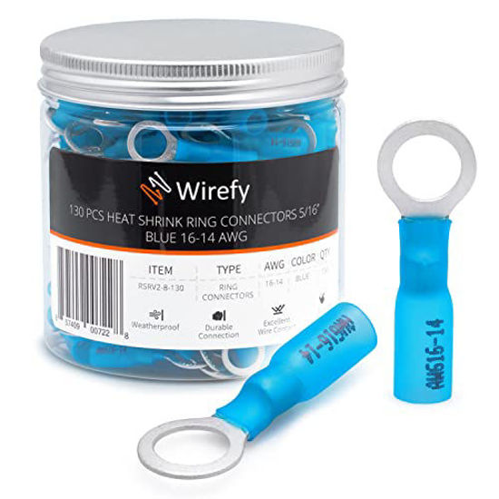 Picture of Wirefy 130 PCS Heat Shrink Ring Terminals 5/16" - Marine Grade Ring Connectors - Eyelet Wire Connectors - Blue 16-14 AWG