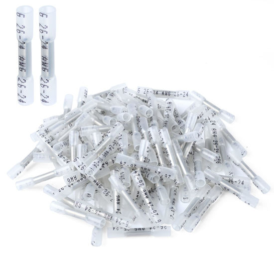 Picture of Heat Shrink Butt Connectors, 500Pcs 26-24 AWG White Insulated Waterproof Electrical Wire Connectors Automotive Marine Grade Wire Crimp Terminals Butt Splices, Ideal for Boat, Truck, Stereo - Clear