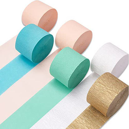 Picture of PartyWoo Crepe Paper Streamers 6 Rolls 492ft, Pack of Metallic Gold, Mint, Peach, Turquoise Blue and White Crepe Paper for Birthday Decorations, Baby Shower Decorations (1.8 Inch x 82 Ft/Roll)