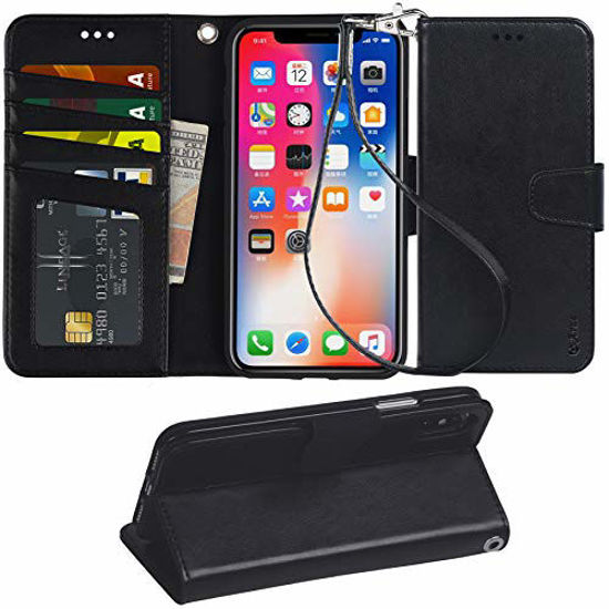 Picture of Arae Case for iPhone X/Xs, Premium PU Leather Wallet Case [Wrist Straps] Flip Folio [Kickstand Feature] with ID&Credit Card Pockets for iPhone X (2017) / Xs (2018) 5.8 inch Black