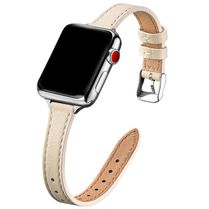 Picture of STIROLL Slim Leather Bands Compatible with Apple Watch Band 38mm 40mm 41mm 42mm 44mm 45mm 49mm,Top Grain Leather Watch Thin Wristband for iWatch Ultra SE Series 8/7/6/5/4/3/2/1(Beige with Silver)