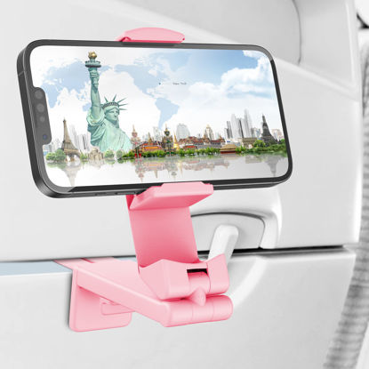 Picture of Perilogics Universal Airplane in Flight Phone Mount. Handsfree Phone Holder for Desk with Multi-Directional Dual 360 Degree Rotation. Pocket Size Travel Essential Accessory for Flying (Pink)