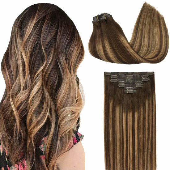 Picture of GOO GOO Seamless Clip In Hair Extensions Remy Real Human Hair Extension with Invisible PU Skin Weft 18 Inch 130g 7pcs Chocolate Brown to Caramel Blonde Natural & Thick & Straight Hair Extensions for Women