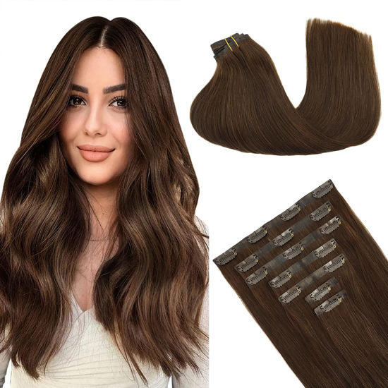 Picture of GOO GOO Seamless Clip In Hair Extensions Remy Real Human Hair Extension with Invisible PU Skin Weft 16 Inch 130g 7pcs Chocolate Brown Natural & Thick & Straight Hair Extensions for Women