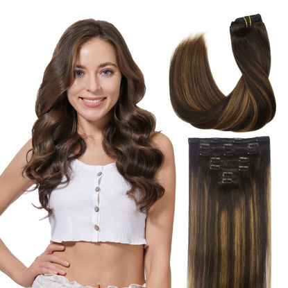 Picture of GOO GOO Hair Extensions Clip in Human Hair Expensive Brunette #T2/30P2 120g 18 Inch Remy Clip in Hair Extensions 7pcs Straight Natural Thick Hair Extensions for Women