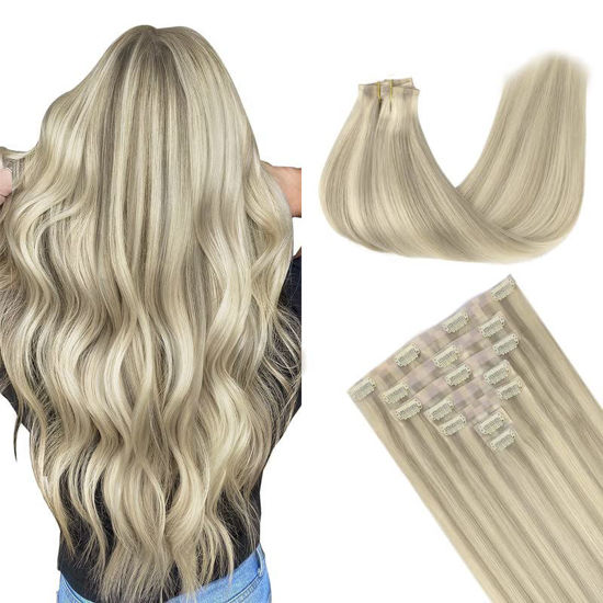 Picture of GOO GOO Hair Extensions Clip in Hair Extensions, 100% Real Human Hair, 130g 7pcs Natural Silky Straight Hair Extensions, Long Hair for Women,Ash Blonde Highlighted Platinum Blonde#17/60 16inch