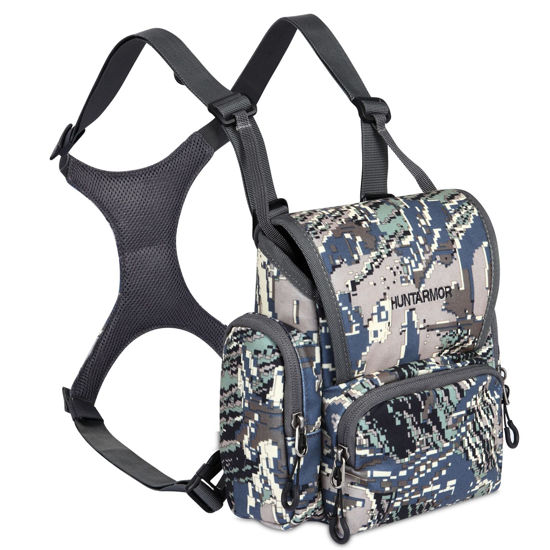 Picture of Bino Harness with Rangefinder Pouch & Rain Cover, Lightweight Binocular Harness Chest Pack, Adjustable Harness Binocular Chest Packs Vest Bags, Portable Binocular Pack for for Hunting, Hiking (Camo)