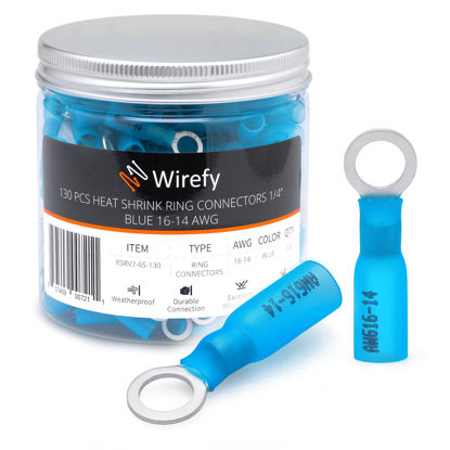 Picture of Wirefy 130 PCS Heat Shrink Ring Terminals 1/4" - Marine Grade Ring Connectors - Eyelet Wire Connectors - Blue 16-14 AWG