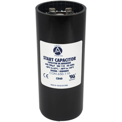 Picture of Appli Parts motor start capacitor 650-780 Mfd (microfarads) uF 110-125 VAC universal fit for electric motor applications 1-3/4 in Wide 4-3/8 in Height CON-650-110