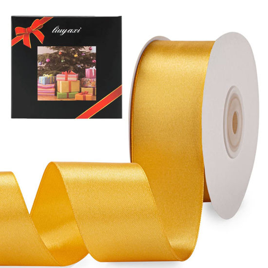 Picture of Solid Color Double Faced Gold Satin Ribbon 2" X 50 Yards, Ribbons Perfect for Crafts, Wedding Decor, Bow Making, Sewing, Gift Package Wrapping and More