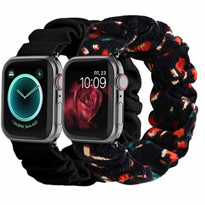 Picture of Compatible with Scrunchies Apple Watch Bands 38mm 40mm, Women Cloth Pattern Printed Fabric Wristbands Straps Elastic Scrunchy Band for iWatch Series 6 5 4 3 2 1 SE (Large Black, Black-Red)