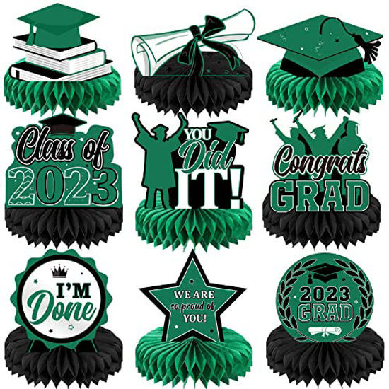 Picture of 9 Pieces 2023 Graduation Party Table Decorations Class of 2023 Congrats Graduation Centerpieces for Tables Congratulate Honeycomb Centerpiece Table Topper for Grad Party Favor Supplies (Green)