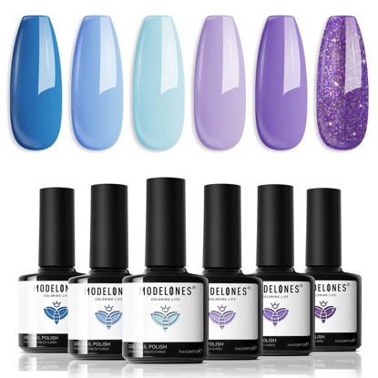 Picture of modelones Gel Nail Polish, 6 Colors Purple Glitter Gel Polish Set Mermaid Blue Purple Popular Nail Polish Gel Summer Baby Blue Gel Nail Kit Soak Off LED Nail Art Manicure DIY Home Salon Gift for Women