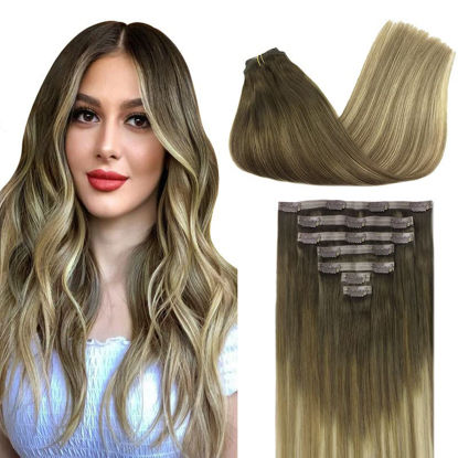 Picture of GOO GOO Seamless Clip In Hair Extensions Remy Real Human Hair Extension with Invisible PU Skin Weft 20inch Walnut Brown to Ash Brown and Bleach Blonde Natural & Thick & Straight Hair Extensions for Women