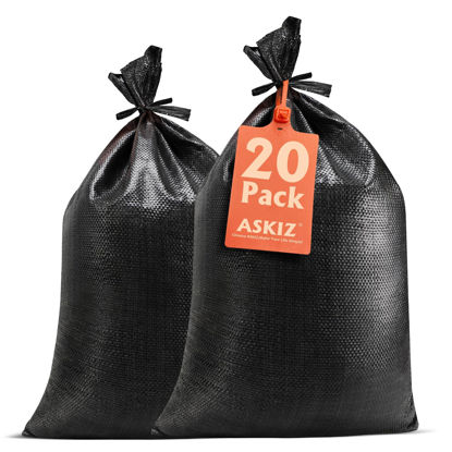 Picture of ASKIZ Heavy Duty Sand Bags Empty Woven Sand Bags with Tie Strings with 1600 Hours of UV Protection Polypropylene Sand-Bags - 16" x 25.5" Ultra Tough Sandbags for Hurricane Flooding (Black 20 Bags)